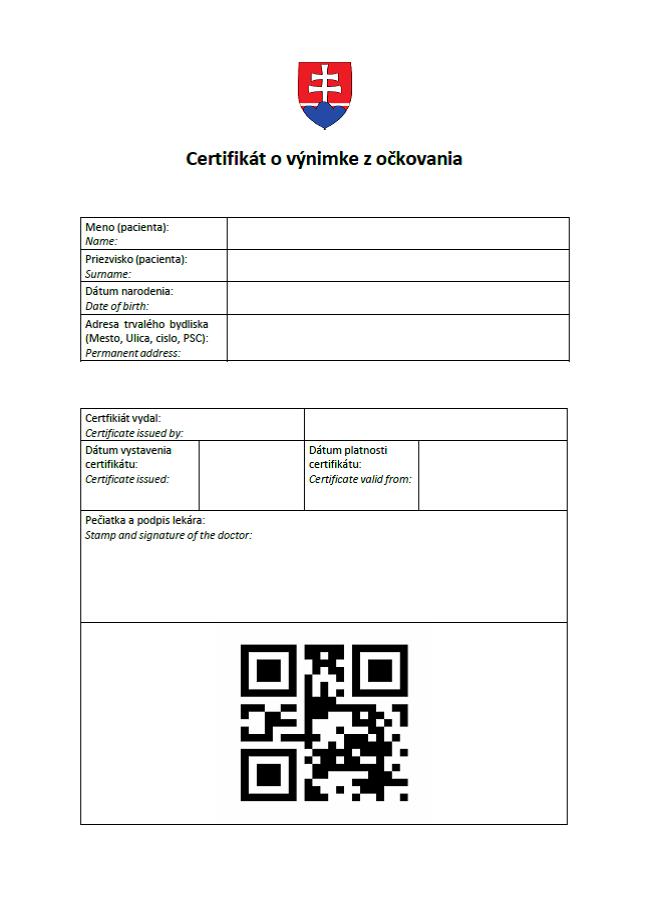 Certifikát o výnimke z očkovania Certifikát o výnimke z očkovania